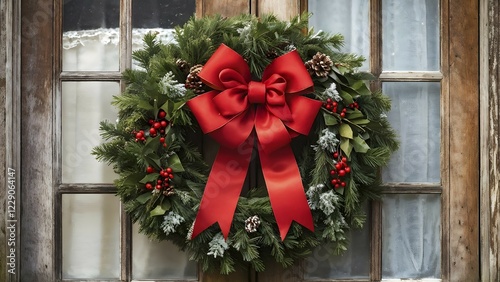 Classic holiday wreath with frosted holly leaves hanging on a rustic wooden door, AI generated photo