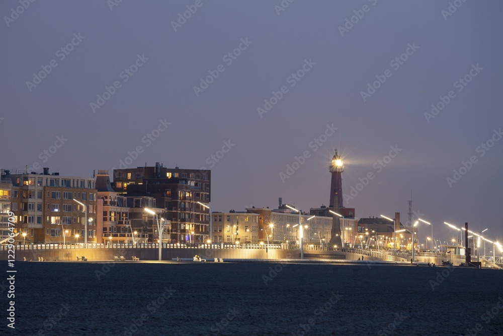 Fototapeta premium Beach promenade with lighthouse, Scheveningen, The Hague, Holland, The Netherlands, Europe