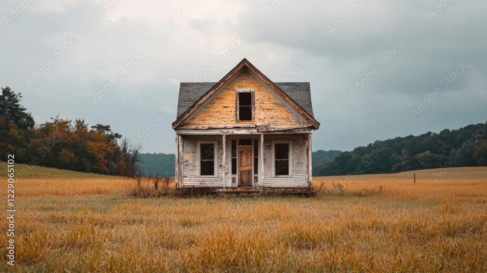 Abandoned rural house in a vast yellow field under a cloudy sky, evoking feelings of nostalgia and isolation Abandoned rural house in a vast yellow field under a cloudy sky, evoking feelings of nostalgia and isolation