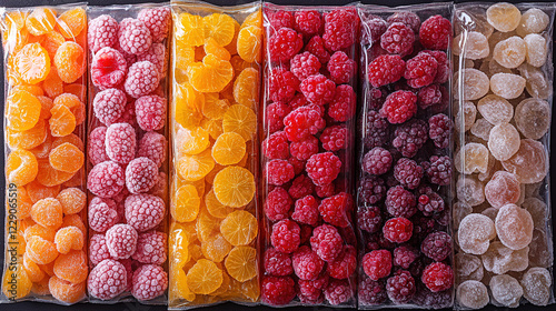 Colorful assortment of frozen fruits arranged neatly in packaging for a healthy snack option. Generative AI
