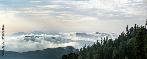 Canvas Print Forest-covered mountains with clouds drifting over them and a serene sky