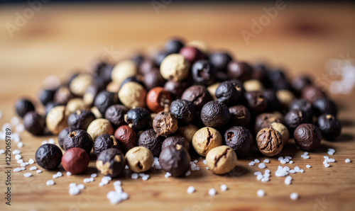 Macro shot of grains of salt and peppercorns, showing their varied colors and shapes