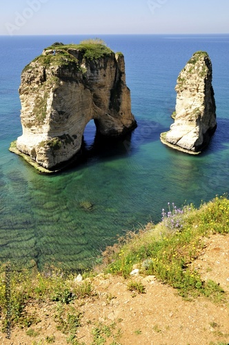 Pigeons Rock, Grotte aux Pigeons, limestone rocks eroded by wind and weather in the Raouche district, Beirut, Lebanon, Middle East, Asia photo