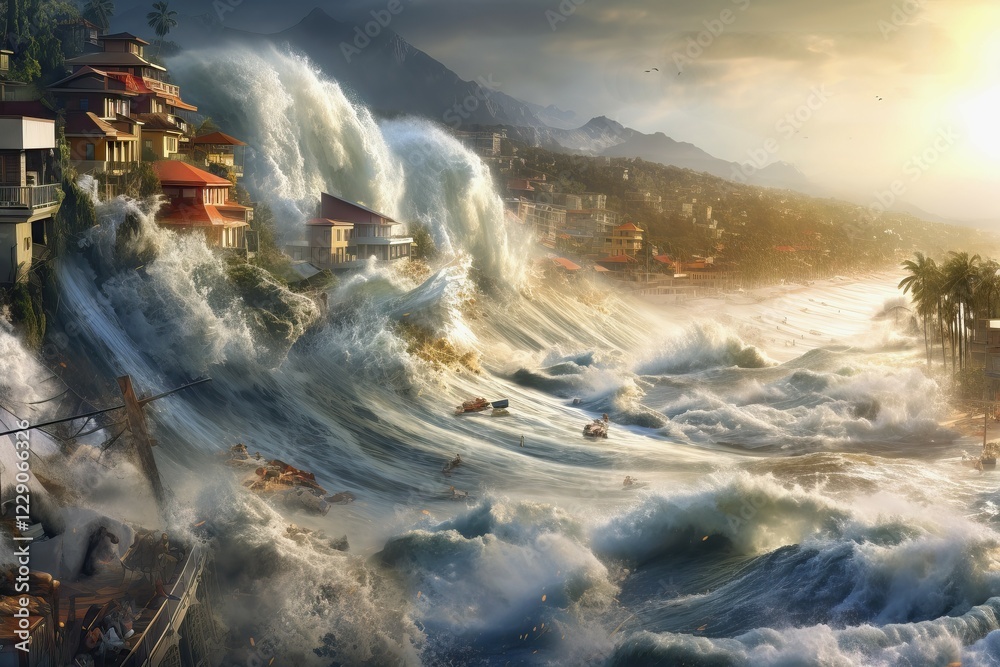 Fototapeta premium Tsunami devastating a coastal city, AI Generated, AI generated