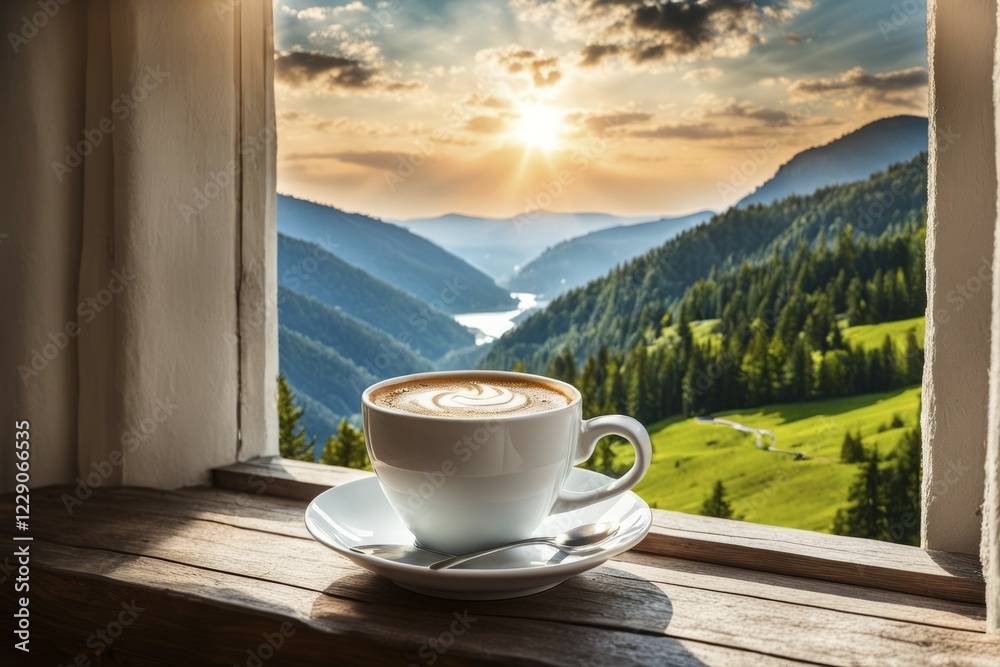 Cup of coffee on a window ledge with a stunning view of mountains and a forest under a sunrise, AI generated Cup of coffee on a window ledge with a stunning view of mountains and a forest under a sunrise, AI generated