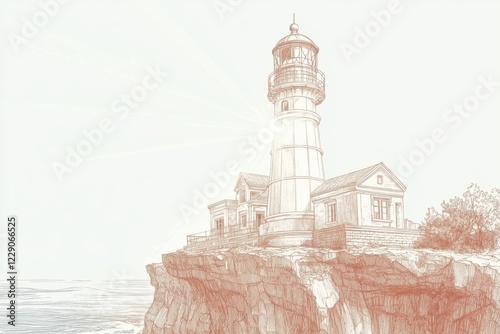 Minimalistic lighthouse on coastal cliff for nautical design and decor photo