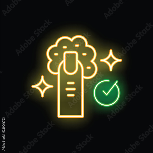 Neon icon of a finger with nail polish being applied with a green check mark indicating a job well done