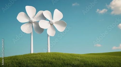 Modern Wind Turbines Against Blue Sky and Green Grass in Scenic Landscape
