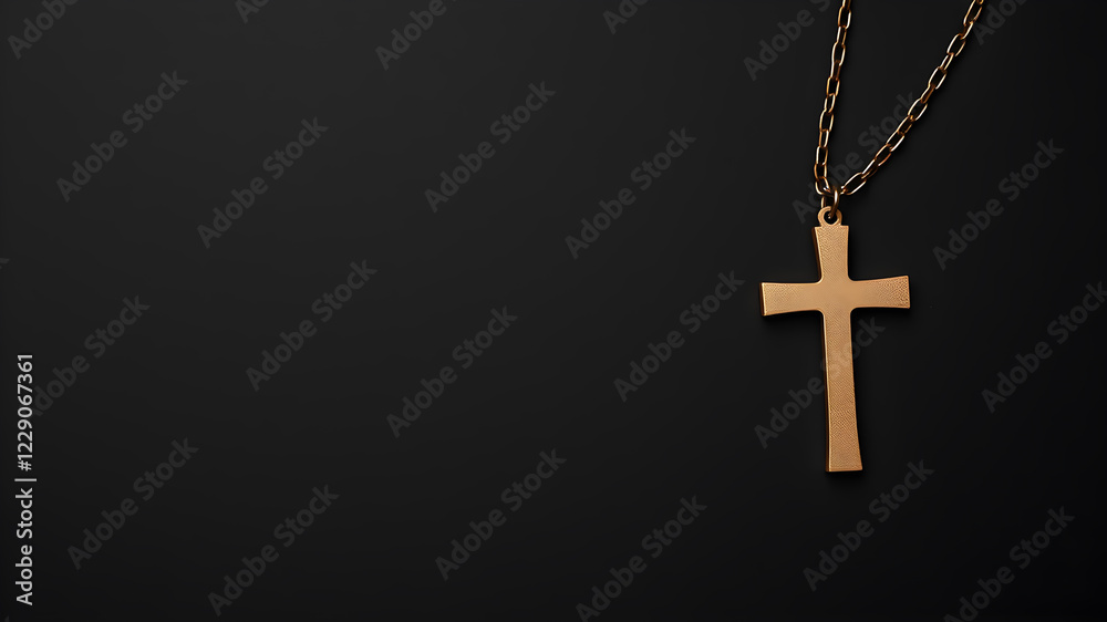 One cross with chain on black background, space for text. Religion of Christianity. Generative AI