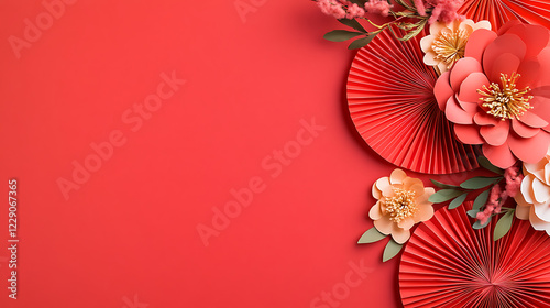 Red paper fans with floral accents on a monochrome red backdrop. Happy Chinese New Year, Lunar New Year concept photo