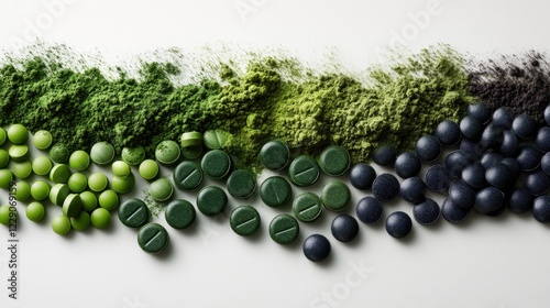Vibrant Spirulina and Aai Power Blend A Creative Swirl of Green and Purple Powders with Colorful Vitamin Tablets Boost Immunity, Energy, and Antioxidant Intake with this Artistic Presentation of