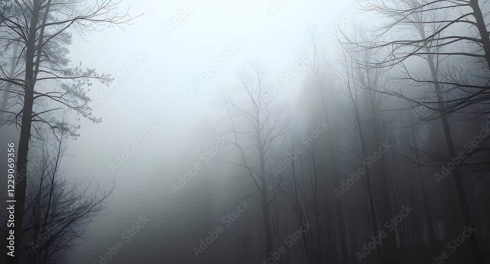 Obraz premium Eerie fog-covered forest – Dark tree silhouettes, misty depth, moody grayscale atmosphere