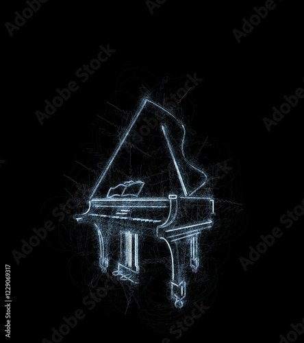 Grand piano grunge sketch over black