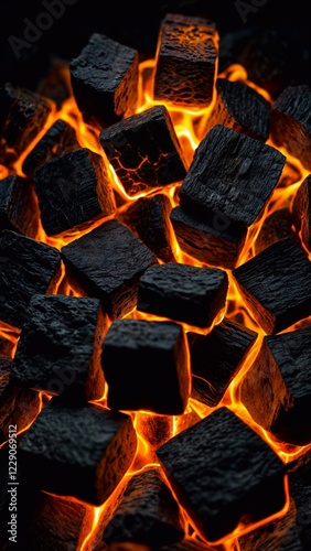Smoldering coal cubes with sparks from fire, glowing with intense orange and red hues