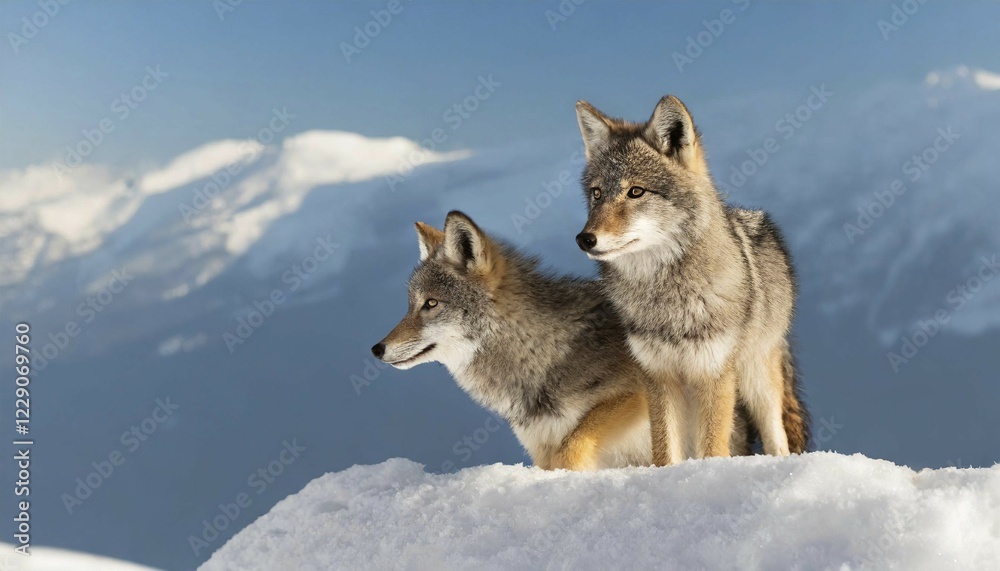Naklejka premium AI generated, animal, animals, mammal, mammals, biotope, habitat, two, foraging, wildlife, coyote (Canis latrans) USA, winter, snow, ice, winter landscape, coyote