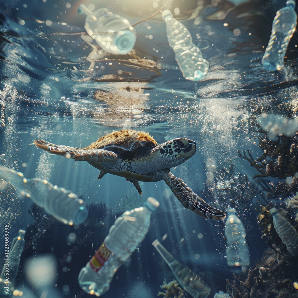 A sea turtle, hawksbill turtle dives among plastic waste, symbolic image for endangered species, marine animals pollution, marine pollution, pollution of the oceans, AI generated, AI generated, AI generated