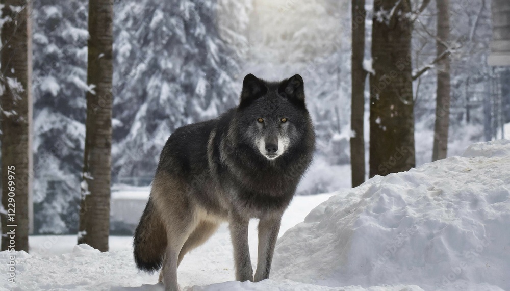 Naklejka premium KI generated, Germany, European wolf, animal, animals, mammal, mammals, biotope, habitat, one, individual, foraging, wildlife, ice, winter, snow, winter forest, black, black, algonquin wolf (Canis lupus lycaon), Canada, Europe