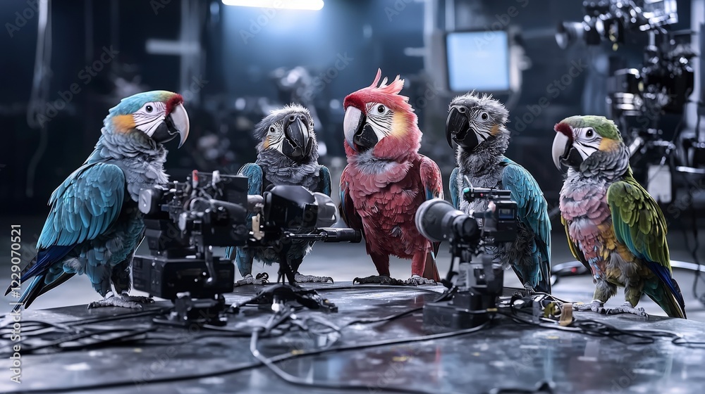 Obraz premium Parrots reporting news from a studio setting animal photography creative concept colorful environment unique viewpoint