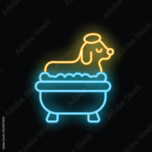 Neon sign of a cute dog with a halo relaxing in a bathtub taking a bubble bath