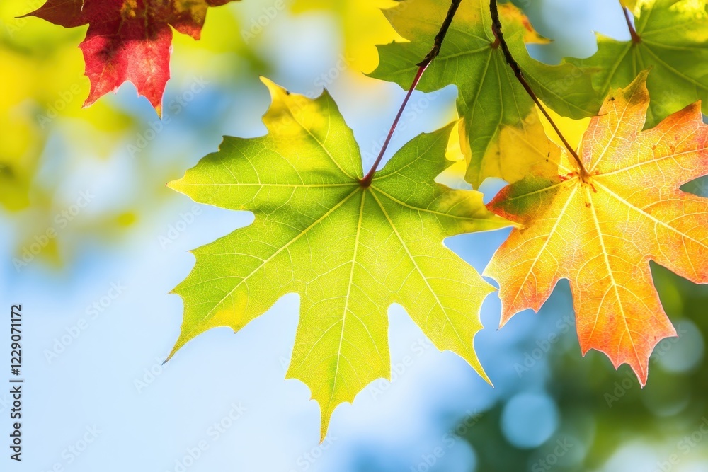 Sunlit maple leaves in a vibrant forest showcase autumn colors against a bright sky, Low-angle shot, maple forest under the sun; green, yellow, and red maple leaves Sunlit maple leaves in a vibrant forest showcase autumn colors against a bright sky, Low-angle shot, maple forest under the sun; green, yellow, and red maple leaves