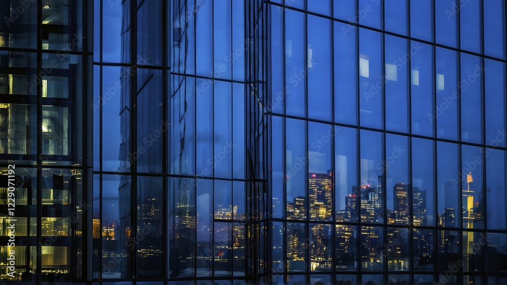 Glass surface facade mirroring an iconic skyline in evening light, AI generated Glass surface facade mirroring an iconic skyline in evening light, AI generated