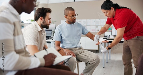 Woman, men and first aid with bandage, teaching or course with notes, attention or help at office. Paramedic, coach and staff with books for treatment, wound or burn injury with training in workplace