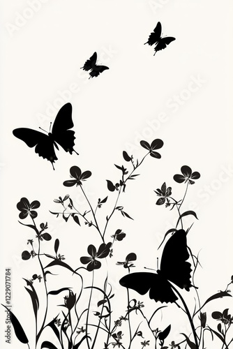 Black and White Silhouettes of Butterflies and Flowers