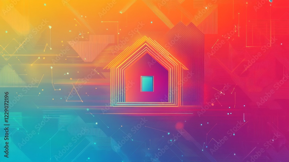 This vibrant abstract design features a colorful home icon set against a geometric background, ideal for technology and creative projects. This vibrant abstract design features a colorful home icon set against a geometric background, ideal for technology and creative projects.