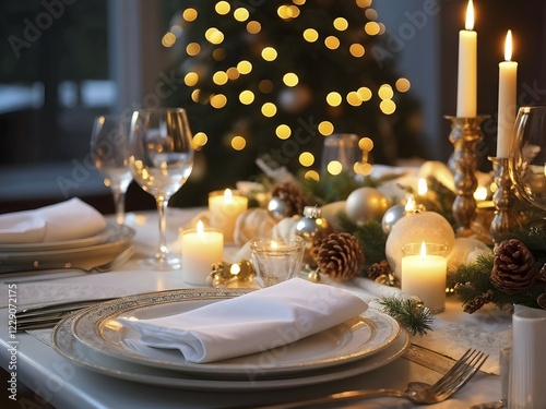 Close up of Christmas dinner table with traditional festive foods and ambient candlelight, AI generated photo