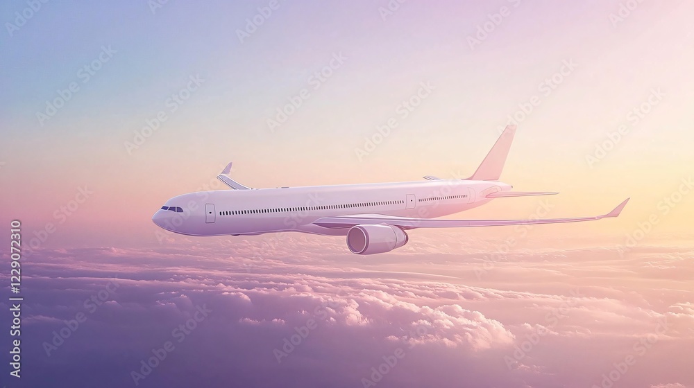 Airliner in Sky Vector Illustration, Flat Design - Modern Commercial Aircraft Flying in Blue Sky - Digital Artwork for Aviation Themes Airliner in Sky Vector Illustration, Flat Design - Modern Commercial Aircraft Flying in Blue Sky - Digital Artwork for Aviation Themes