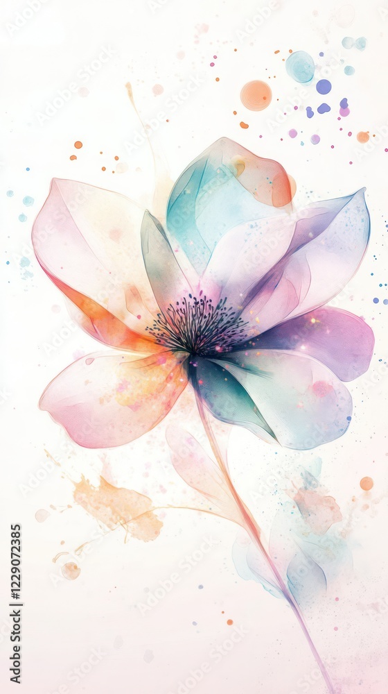 Fototapeta premium transparent flower with an abstract background, colorful ink dots, and watercolor splash effects on the screen of your phone, creating a dreamy atmosphere.