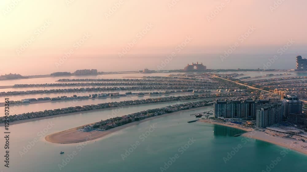 Sunset view of Palm Jumeirah Islands in Dubai