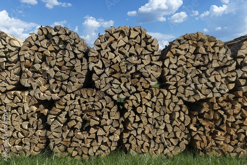 Round bunched firewood stacked, blue sky, Germany, Europe