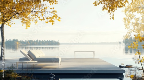 Stunning post modern interior long shot with park bench in stockholm archipelago under sunlight