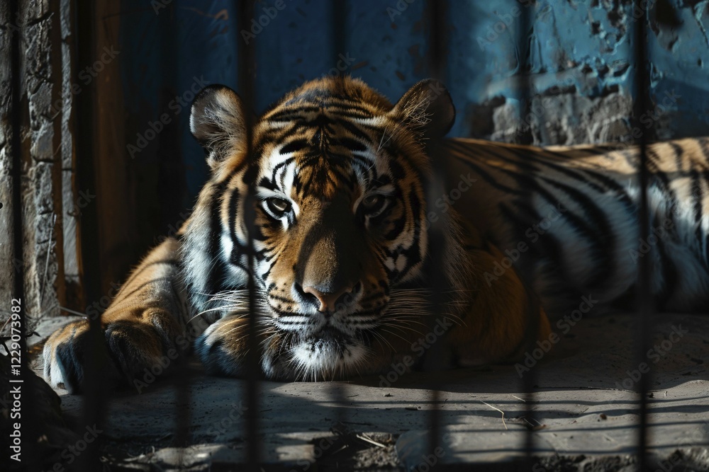 Tiger in cage behind bars. Generative Ai, AI generated