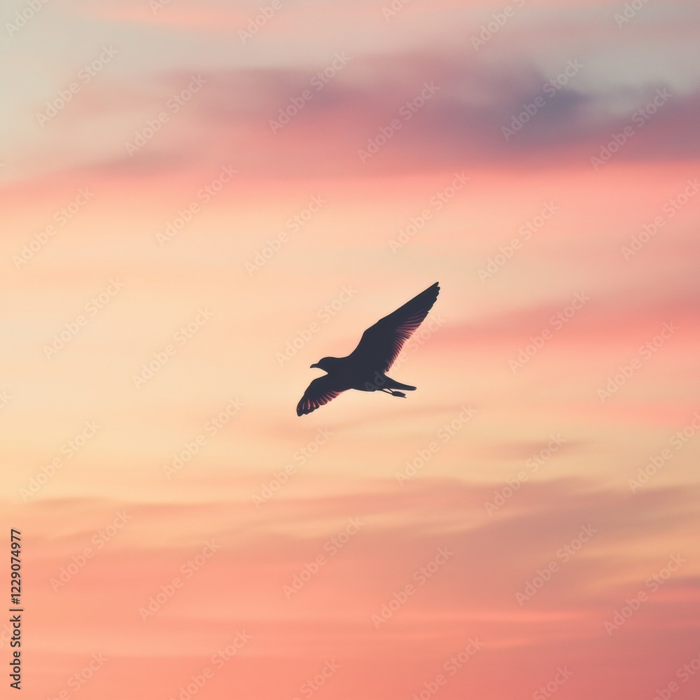 Silhouette of a Bird Soaring in a Pastel Sunset Sky Silhouette of a Bird Soaring in a Pastel Sunset Sky