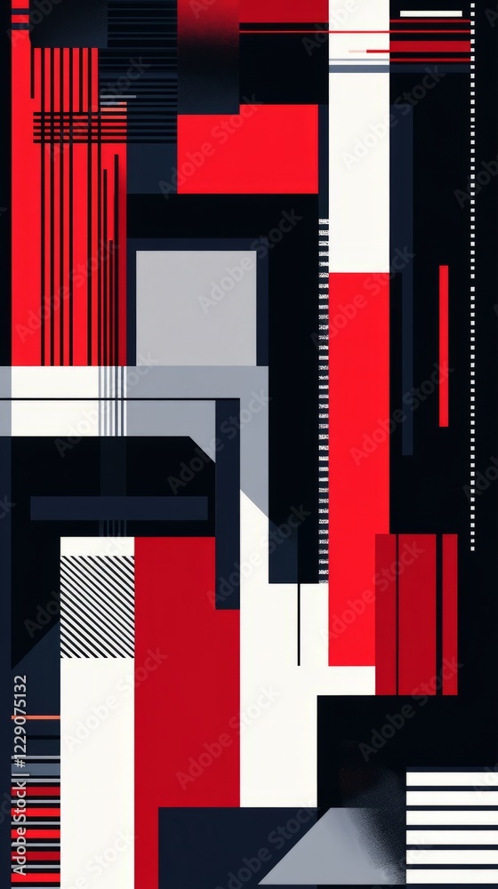 A striking abstract geometric artwork featuring bold red, black, and white shapes in a dynamic modern design.