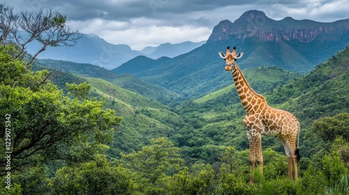 A giraffe standing proudly in front of a vibrant green valley with mountains in the background and soft, diffused sunlight