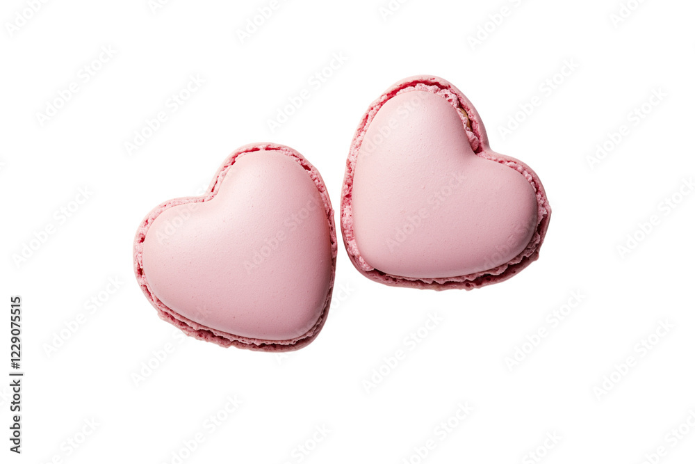 Two pink heart shaped macarons isolated on transparent background Generative Ai. Two pink heart shaped macarons isolated on transparent background Generative Ai.
