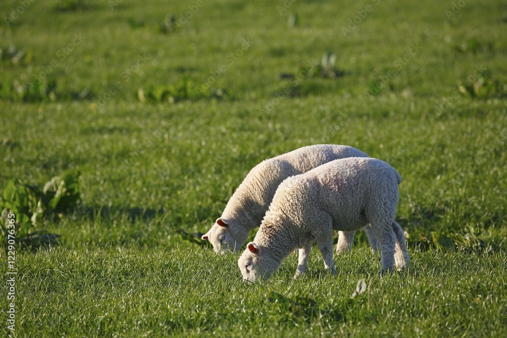 Grazing lambs, lambkin, domestic sheep (Ovis orientalis aries), nature reserve Haseldorfer Binnenelbe with Elbvorland, Haseldorfer Marsch, Schleswig-Holstein, Germany, Europe Grazing lambs, lambkin, domestic sheep (Ovis orientalis aries), nature reserve Haseldorfer Binnenelbe with Elbvorland, Haseldorfer Marsch, Schleswig-Holstein, Germany, Europe