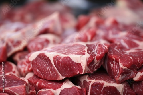 Close up of chunks of streaked red meat at butchery shop. KI generiert, generiert AI generated