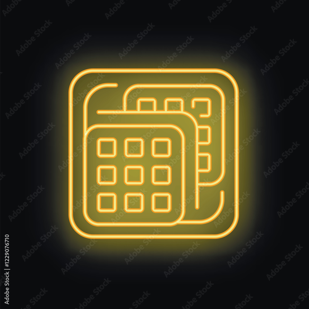 Yellow neon sign symbolizing waffles glowing on a black background Yellow neon sign symbolizing waffles glowing on a black background