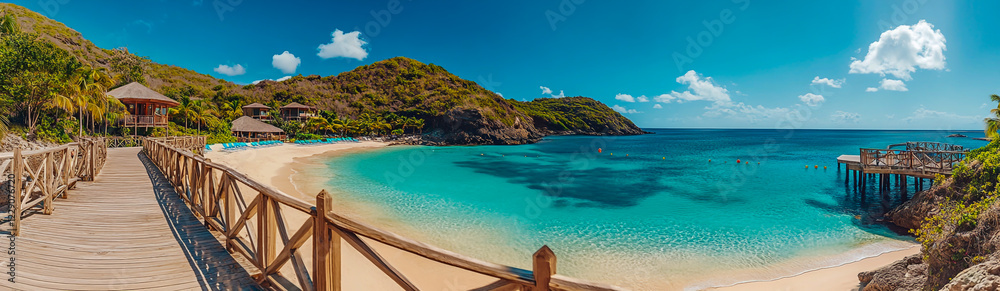 Fototapeta premium Panoramic view of a tropical island resort featuring white sandy beaches