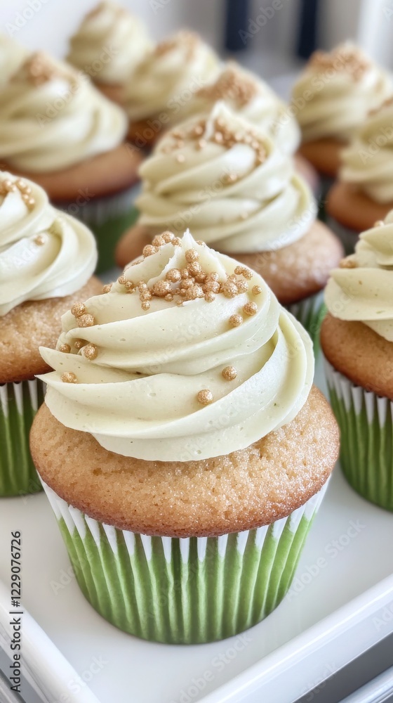 A plate of St. Patrick s Day cupcakes decorated with green frosting and shamrock sprinkles A plate of St. Patrick s Day cupcakes decorated with green frosting and shamrock sprinkles
