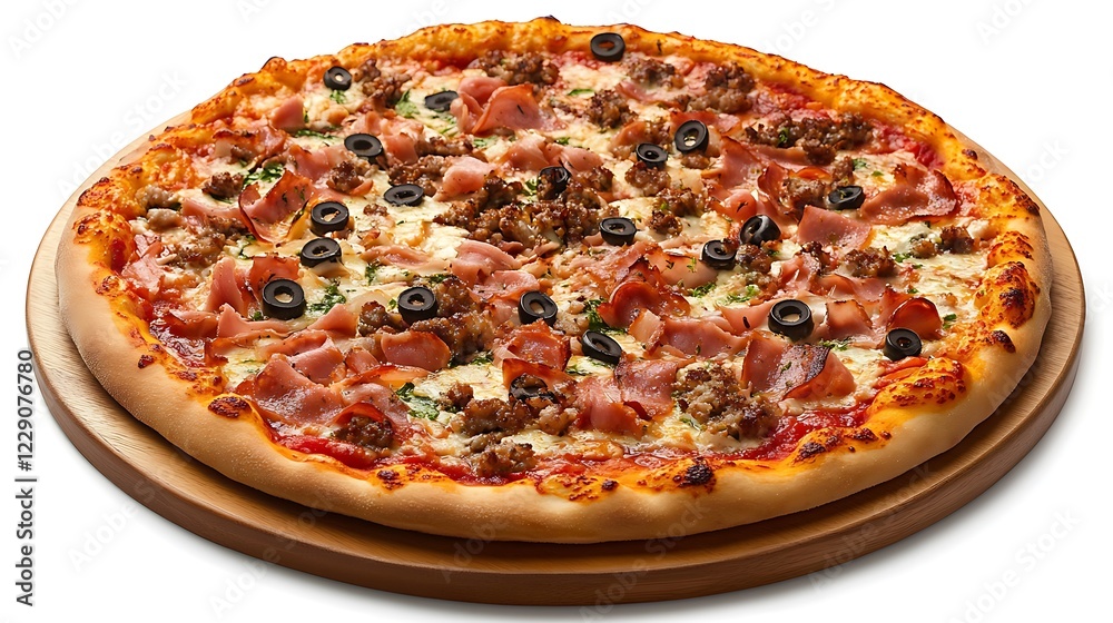 A Delicious Pizza with Various Toppings Placed on a Wooden Platter A Delicious Pizza with Various Toppings Placed on a Wooden Platter