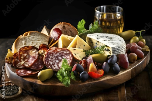 Bavarian snack plate overflowing with assorted cured meats draping, AI generated photo