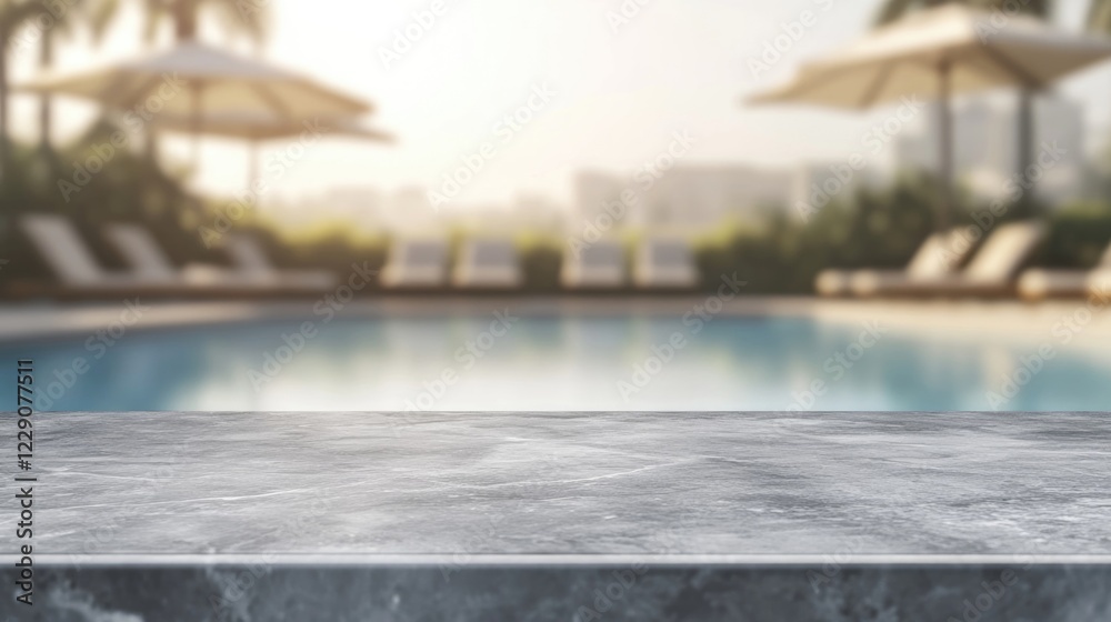 Fototapeta premium Empty gray marble tabletop on blurred background of swimming pool with sun loungers and umbrellas
