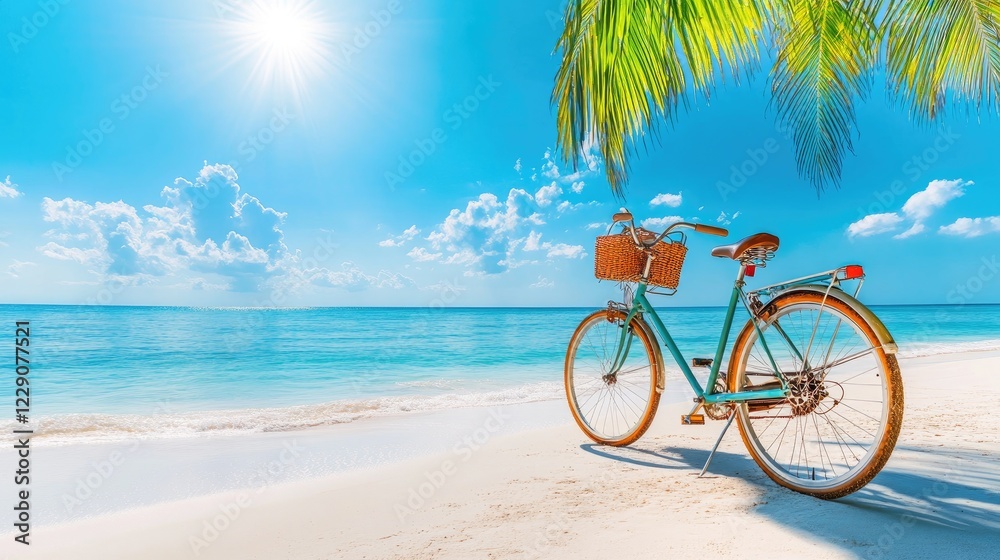 Fototapeta premium A peaceful view of a beach with a bicycle under a coconut tree, the warm sun shining down and the ocean gently lapping at the sand