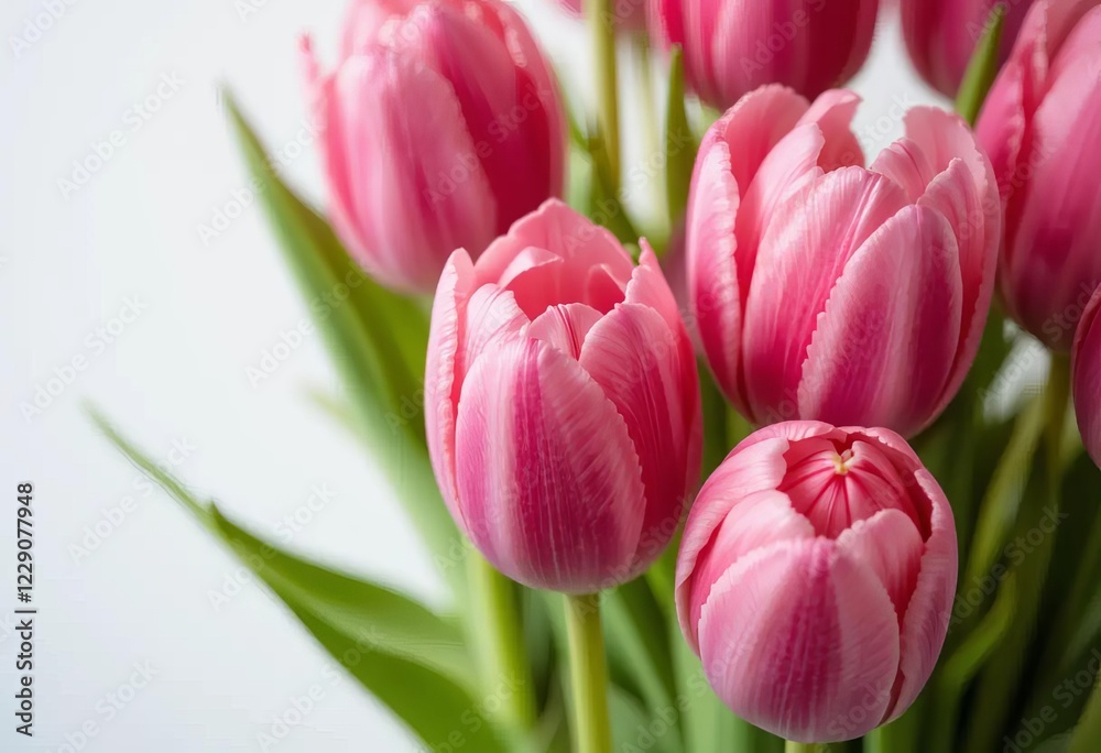 A timelapse photo of a bunch of bright pink striped tulips blooming on a white background