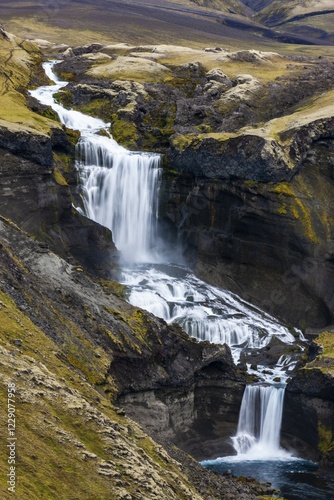 Ofaerufoss Waterfall in the Eldgja Gorge, Fjallabak Nature Reserve, Sudurland, Southern Iceland, Iceland, Europe photo